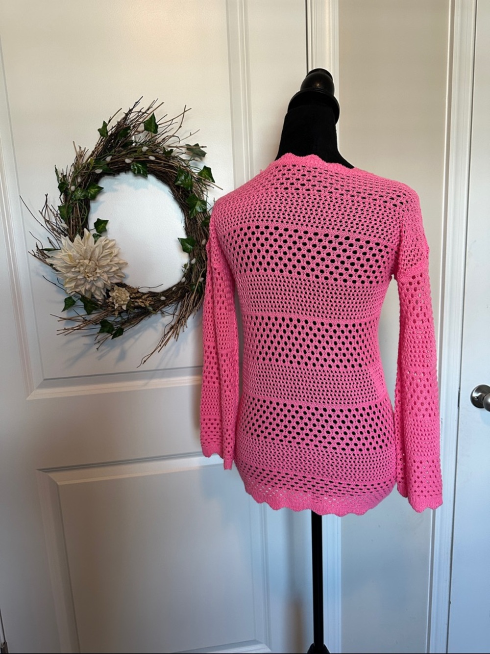 Bright Pink Crochet Lightweight Sweater - Picture 2 of 3